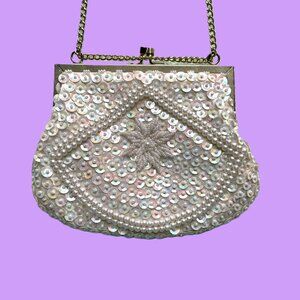 Vintage Mr Ernest beaded and sequined white evening bag made in Hong Kong